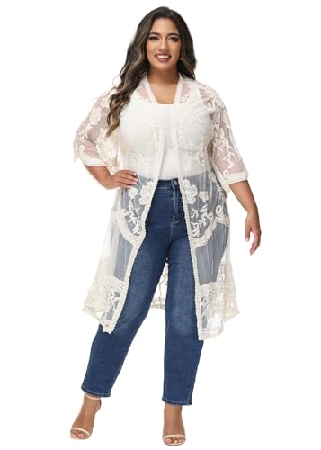 Anna-Kaci Women's Plus Size Lace Cardigan Embroidered Long Kimono Dusters with Half Sleeves - color: Beige, size: X-Large-XX-Large