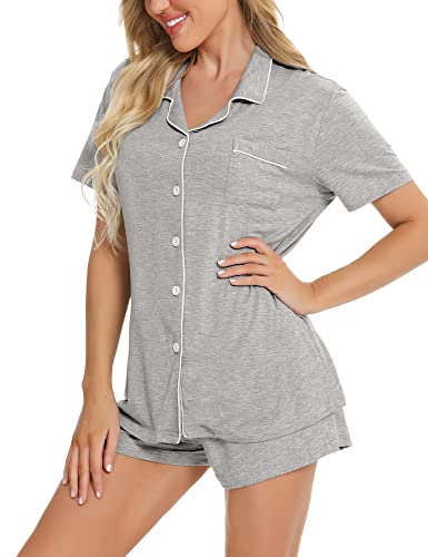SWOMOG Womens Button Down Pajamas Set Short Sleeve Sleepwear Bride Soft Pj Lounge Sets XS-3XL - color: Grey, size: Small