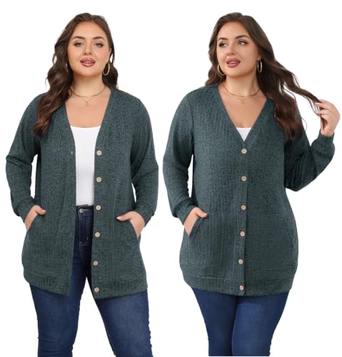 Lastshe Women Plus Size Cardigan Fall Thin Sweaters with Pockets 1X-5X - color: Dark Green, size: 1X