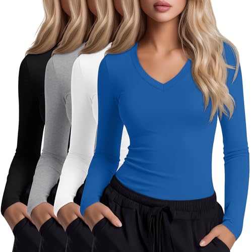 Xaatren 4 Pack Women's Under Scrubs Long Sleeve Shirts - color: Blue, Light Mixed Gray, Black, White, size: X-Large