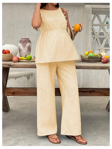 MakeMeChic Women's Maternity 2 Piece Outfits Striped Tank Top and Pants - color: Yellow, size: X-Small