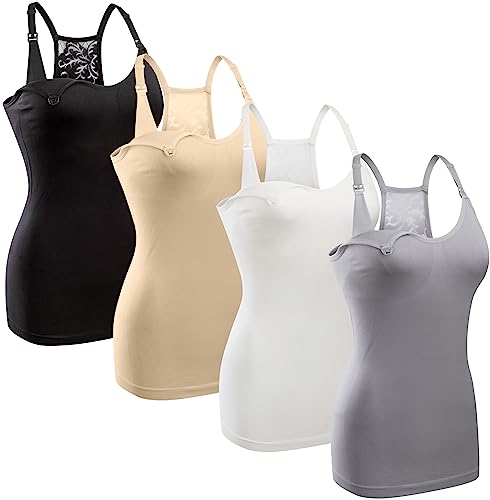 GXXGE 4Pack Women's Nursing Tank Top Cami Nursing Maternity Bra Breastfeeding Shirts with Adjustable Straps - color: 4pcs Black Beige Grey White, size: Medium
