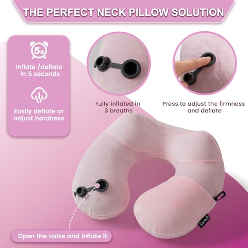 Keemall Inflatable Travel Neck & Shoulder Pillow for Airplanes&Long Trips - color: Pastel Pink, size: Medium