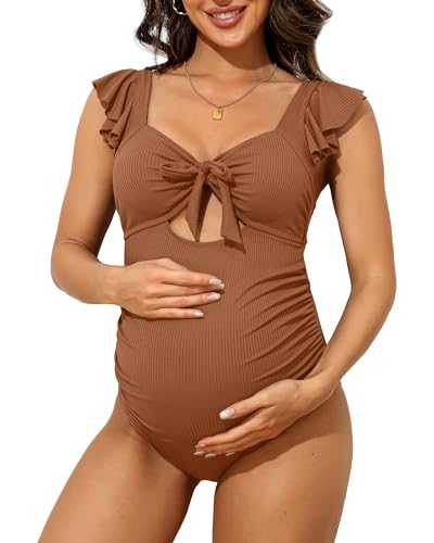 Charmo Ruffle Maternity Bathing Suits Ribbed Tie Knot Pregnancy Swimsuit - color: Caramel, size: Small