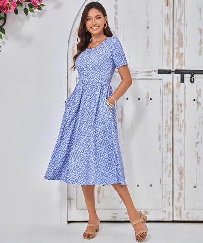 Women's Cotton Nursing Dresses Breastfeeding Midi Breastfeeding Dress with Pockets - color: Blue Tile Bloom, size: 3X