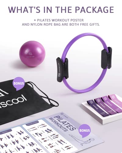 LIONSCOOL Pilates Ring Set 14" Magic Circle, 9" Mini Ball, Resistance Bands - color: Purple