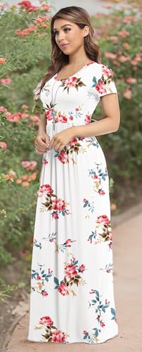 VIISHOW Women's Short Sleeve Loose Plain Maxi Dresses Casual Long Dresses with Pockets - color: 1-flower-white, size: X-Large