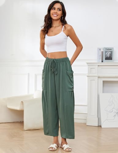 Flygo Women's Flowy Drawstring Wide Leg Pants with Side Pockets - color: Green, size: Small