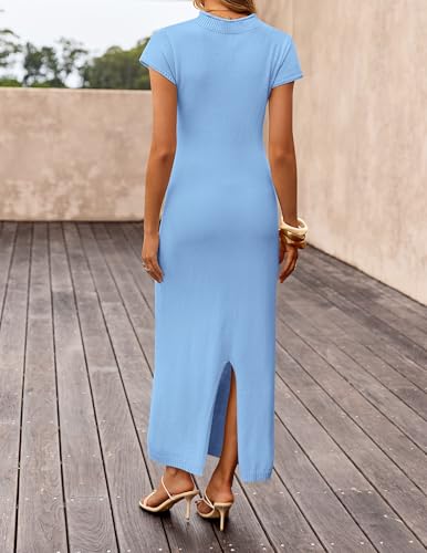 ZESICA Womens Bodycon Knit Short Sleeve Sweater Maxi Dress - color: Blue, size: X-Large