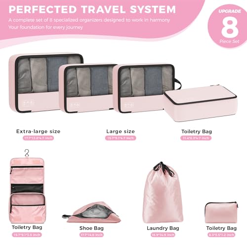 Compression Packing Cubes for Carry On Travel, 8-Piece Luggage Organizers - color: Pink-8 Set