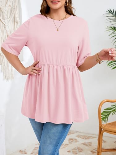 Beautife Womens Plus Size Babydoll Tops Summer Peplum Flowy Tunic Blouses - color: Pink, size: 3X-Large Plus
