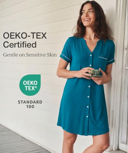 GYS Bamboo Viscose Nightgowns for Women Soft Button Down Sleep Shirt - color: Teal Blue, size: Large