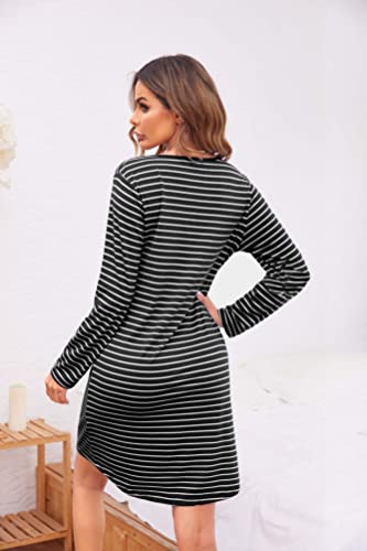 Ekouaer Women's Nightgowns Long Sleeve Button Down V Neck Pajama Dress - color: Black Striped, size: Medium