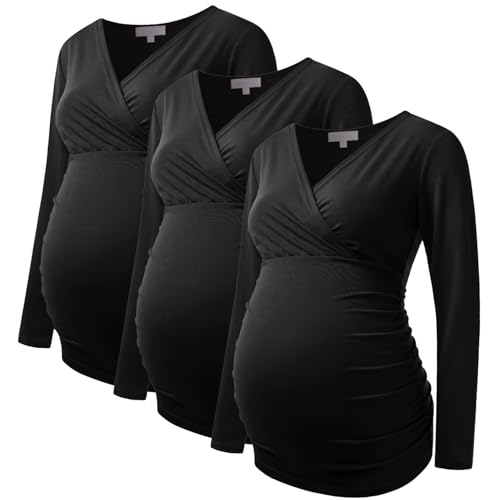 Maternity Shirt Long Sleeve Top Wrap V Neck Blouse Cross Over Nursing Tshirt - color: Black /Black /Black, size: X-Large