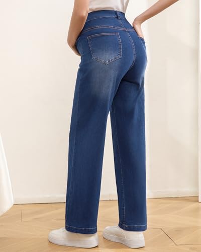 Women's Maternity Jeans, Mid-Rise Adjustable Waist, Relaxed Straight Leg Stretch Pants for Pregnancy and Postpartum - color: Dark Blue, size: Medium