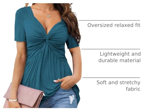 Tankaneo Womens Front Knotted V-Neck Blouse T Shirt Short Sleeve Oversized Tunic Tops Summer Solid Pullover Tees - color: B06-lake Blue, size: Medium