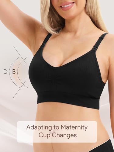 Angelhood Ribbed Nursing Bras 5 Pack Wireless V Neck Maternity Nursing Bra - color: Black/Black/Grey/Nude/White, size: Large
