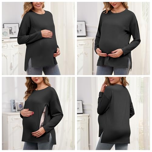 Women's Nursing Shirts Long Sleeve with Hidden Zipper Oversized Breastfeeding Tops Side Split Maternity Blouse - color: Charcoal Gray, size: Large