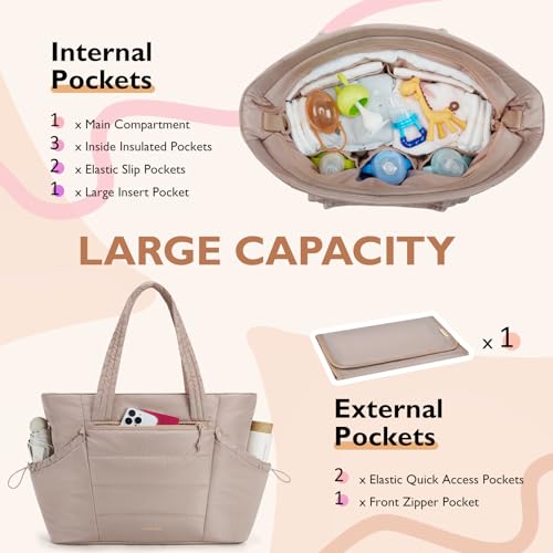mommore Diaper Bag Tote with Stroller Organizer, Puffy Travel Baby Tote - color: Khaki
