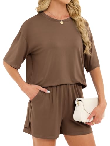 Women's 2 Piece Short Sets Loose Lounge Sets Oversized Summer Matching Sets - color: Coffee, size: XX-Large