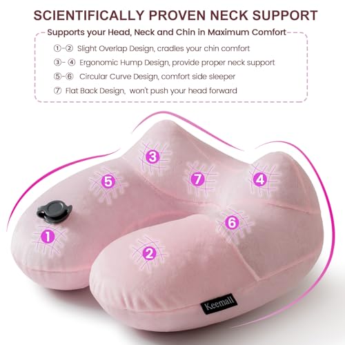Keemall Inflatable Travel Neck & Shoulder Pillow for Airplanes&Long Trips - color: Pastel Pink, size: Medium