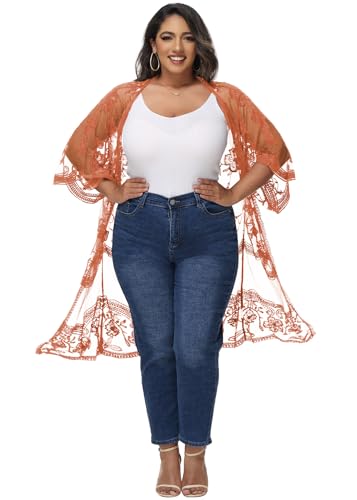 Anna-Kaci Women's Plus Size Lace Cardigan Embroidered Long Kimono Dusters with Half Sleeves - color: Rustic Orange, size: X-Large-XX-Large