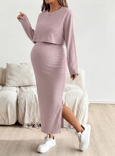 BLENCOT Maternity 2 Piece Outfits Ribbed Knit Crop Top Midi Skirt Set - color: Light Pink, size: X-Large