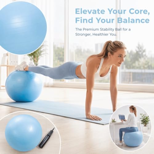 Exercise Ball, Blue Ribbed PVC Yoga Stability Anti-Burst Ball with Pump, 55cm 65cm 75cm for Balance Training and Core Workout - size: 65cm