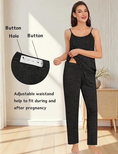SWOMOG Maternity Pajamas Set 3 PCS Nusing Pajamas Labor and Delivery Gown & Camisole & Pants Postpartum Pjs - color: Black Gray, size: Medium