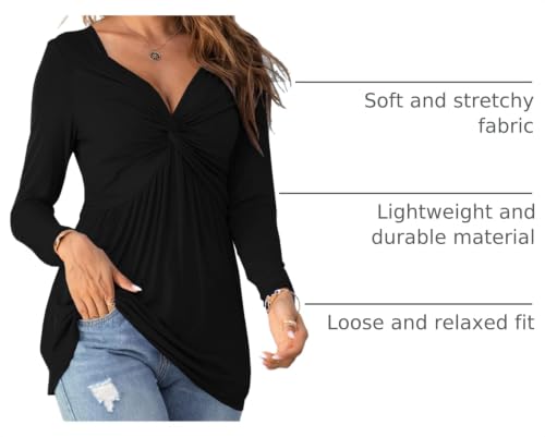 Tankaneo Women V-Neck Front Knotted Tshirt Long Sleeve Oversized Tunic Top - color: B19-black, size: Large