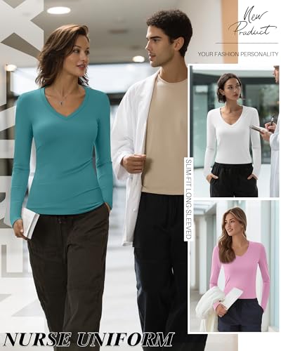 Xaatren 4 Pack Women's Under Scrubs Long Sleeve Shirts - color: Black, White, Lake Green, Pink, size: Large