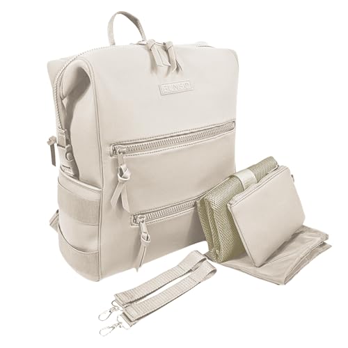 BUNSO Baby Neoprene Minimalist Backpack Diaper Bag with Pouch, Changing Pad, and Stroller Straps, Water Resistant and Lightweight, Cream - color: Cream
