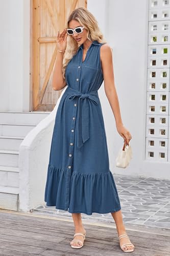 OUGES Womens 2025 Spring Maternity Dress Polo V Neck Sleeveless Ruffle Button Pregnancy Casual Work Dress with Pockets - color: Blue, size: XX-Large