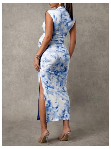 OYOANGLE Women's Maternity Floral Mock Neck Ruched Midi Dress - color: Blue, size: XX-Large