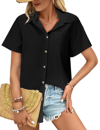 HOTOUCH Women Cotton Button Down Shirts Short Sleeve Linen Blouses Tops - color: A02-black, size: Small