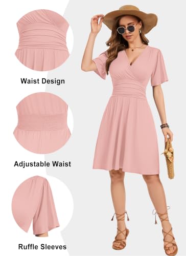 Womens Summer Dress Ruffle Sleeve V Neck Wrap Dress with Pockets - color: Light Pink, size: Large