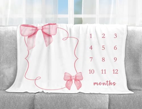 Pink Bow Milestone Blanket, Girl Bowknot Baby Growth Chart Monthly Blanket - color: Bow