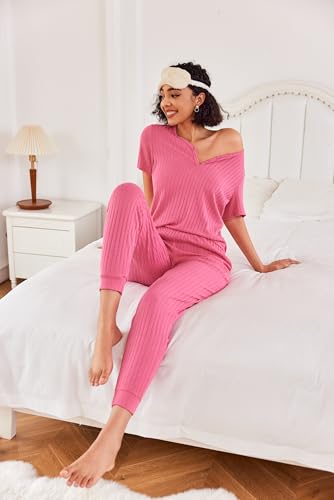 Ekouaer Pajama Sets for Womens 2 Piece Jogger Pants Lounge Set - color: Hot Pink, size: Medium