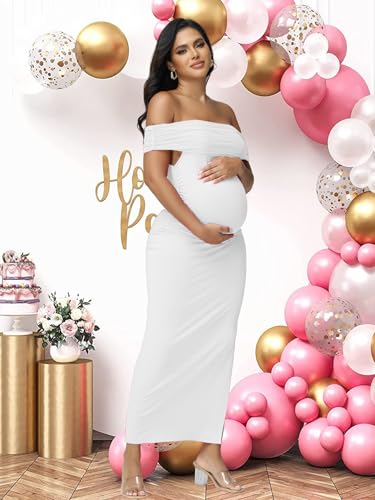 Women's Maternity Mesh Off Shoulder Party Long Dress Baby Shower - color: White, size: Medium
