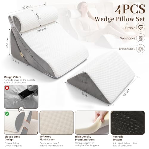 4PCS Wedge Pillow Set,Body Positioner for Post Surgery Recovery - color: White + Gray