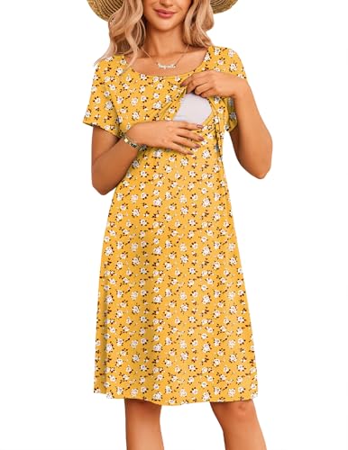 Maternity Summer Dress Breastfeeding Nursing Friendly Pregnancy Dresses - color: Yellow Floral, size: Small