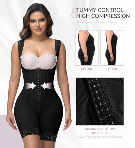 SHAPSHE Fajas Colombianas Moldeadoras Open Bust Full Body Shaper with Bones - color: Black(one Size Larger May Be Better), size: XX-Large