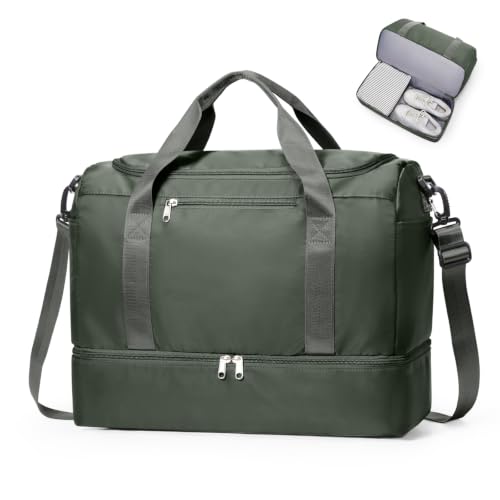 Travel Duffel Bag,Carry-On Overnight Weekender Bags with Shoes Compartment - color: Dark Green, size: Small