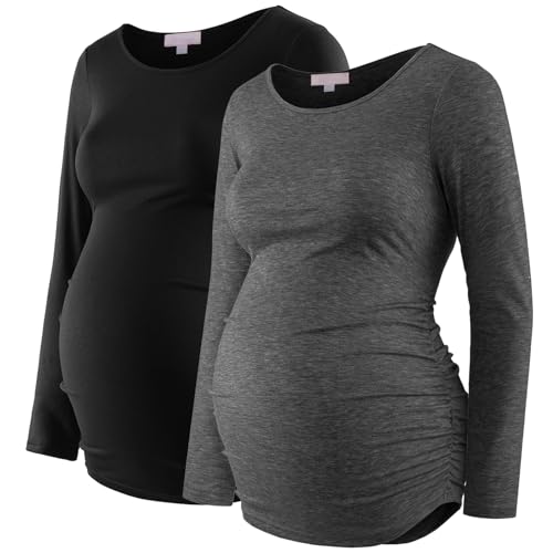 Maternity Shirt Long Sleeve Basic Top Ruch Sides Bodycon Tshirt for Pregnant Women - color: Black/Charcoal Gray, size: Large