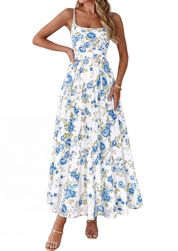 PRETTYGARDEN Women's Summer Boho Maxi Dress A Line Eyelet Floral Sundresses - color: Floral Blue, size: Small