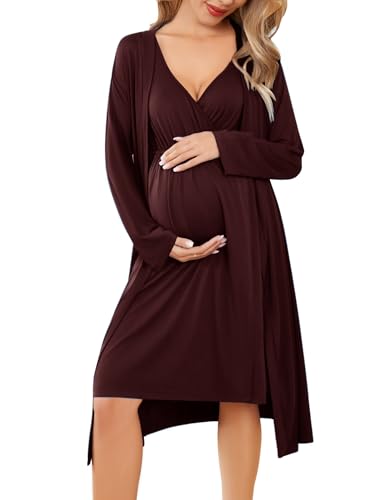 Ekouaer Maternity Nursing Gown and Robe Set Labor Delivery Nightgowns - color: Maroon, size: XX-Large