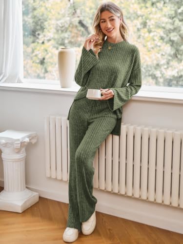 Kikibell Womens Sets 2 Piece Outfits Matching Lounge Set Cozy Knit Pajamas - color: Army Green, size: Medium