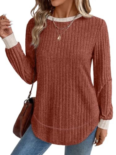OFEEFAN Womens Sweaters Crew Neck Tunic Tops Long Sleeve Shirts Curved Hem - color: B-caramel Color Block, size: X-Large