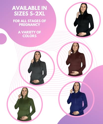MISS POPULAR Womens Maternity Hoodie Ruched Side Long Sleeve Front Pocket Cozy Pregnancy Layering Sweatshirt - color: Olive, size: Medium