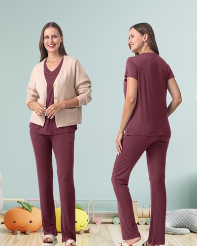 Rnxrbb 3 PCS Women Nursing Pajamas Set Postpartum Maternity Pj with Pockets - color: Deep Purple, size: XX-Large